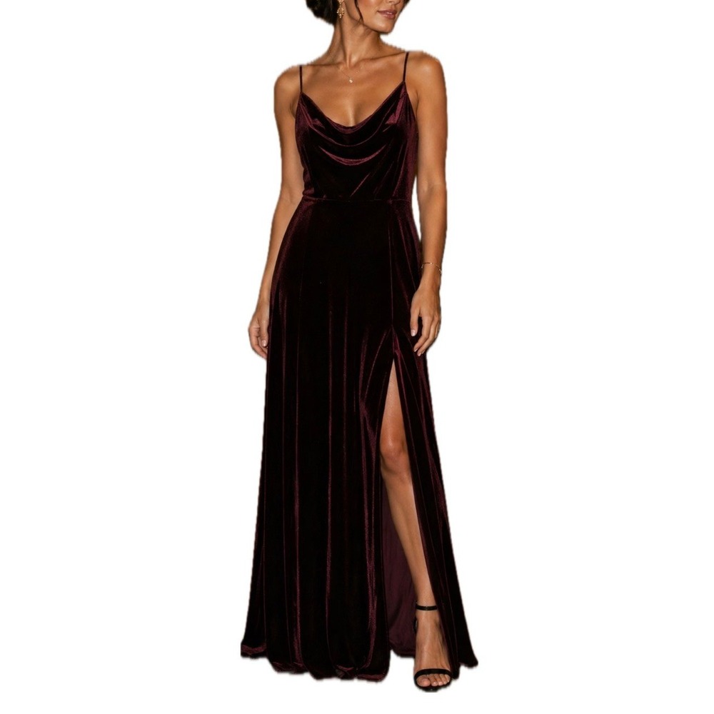 NWT. Celebrate DB Studios Dress Velvet, Wine, Cowl Neck, Maxi. Women's Size 8.